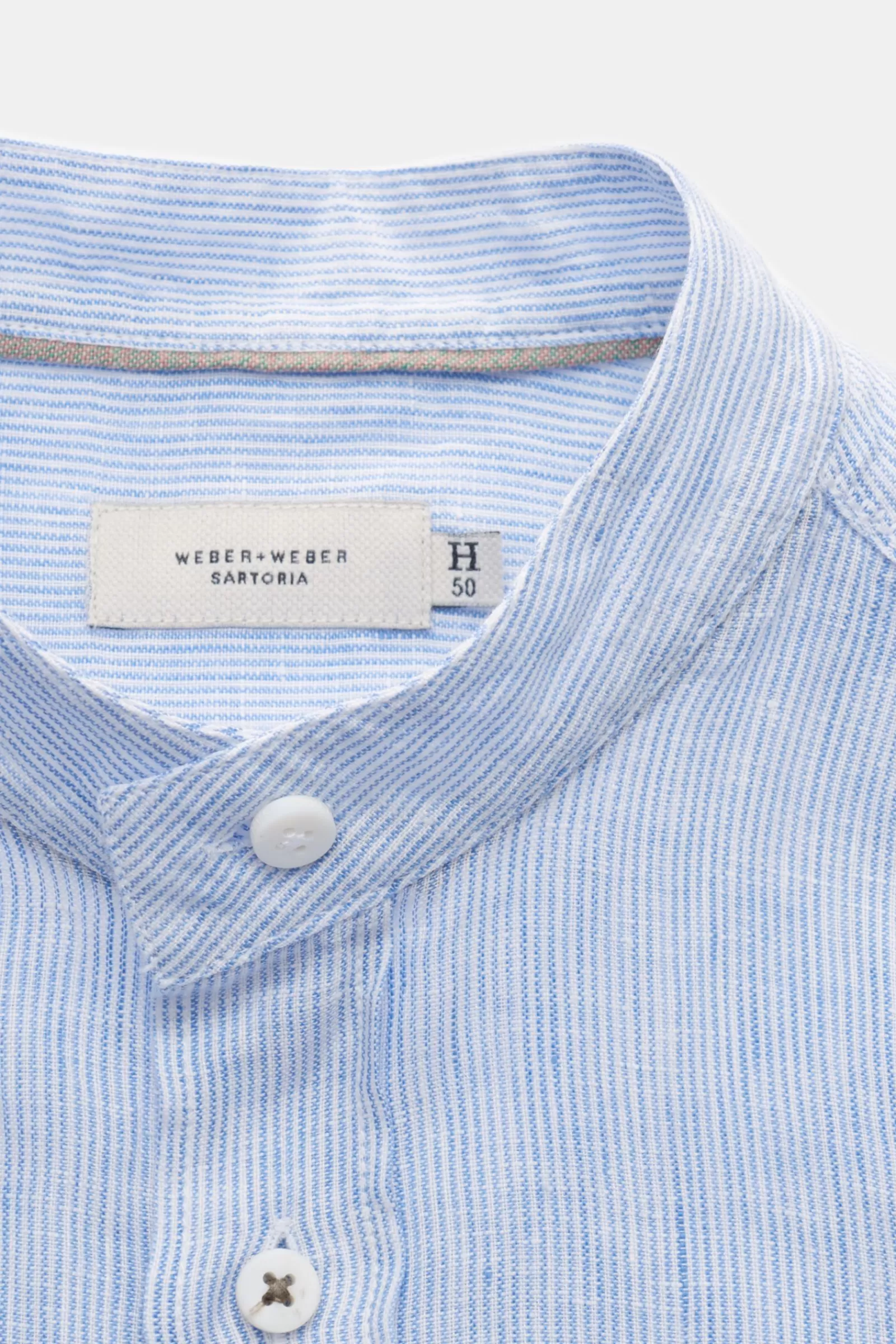 Weber + Weber Linen Shirt Grandad Collar Smoky Blue/White Striped>Weber+Weber Clearance